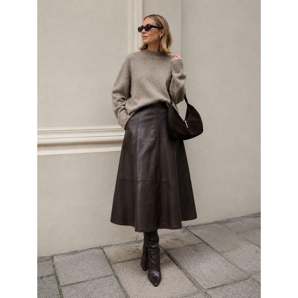 H&M Edition Dark Brown Vegan Leather High Waist Midi Skirt Flared Minimalist 12